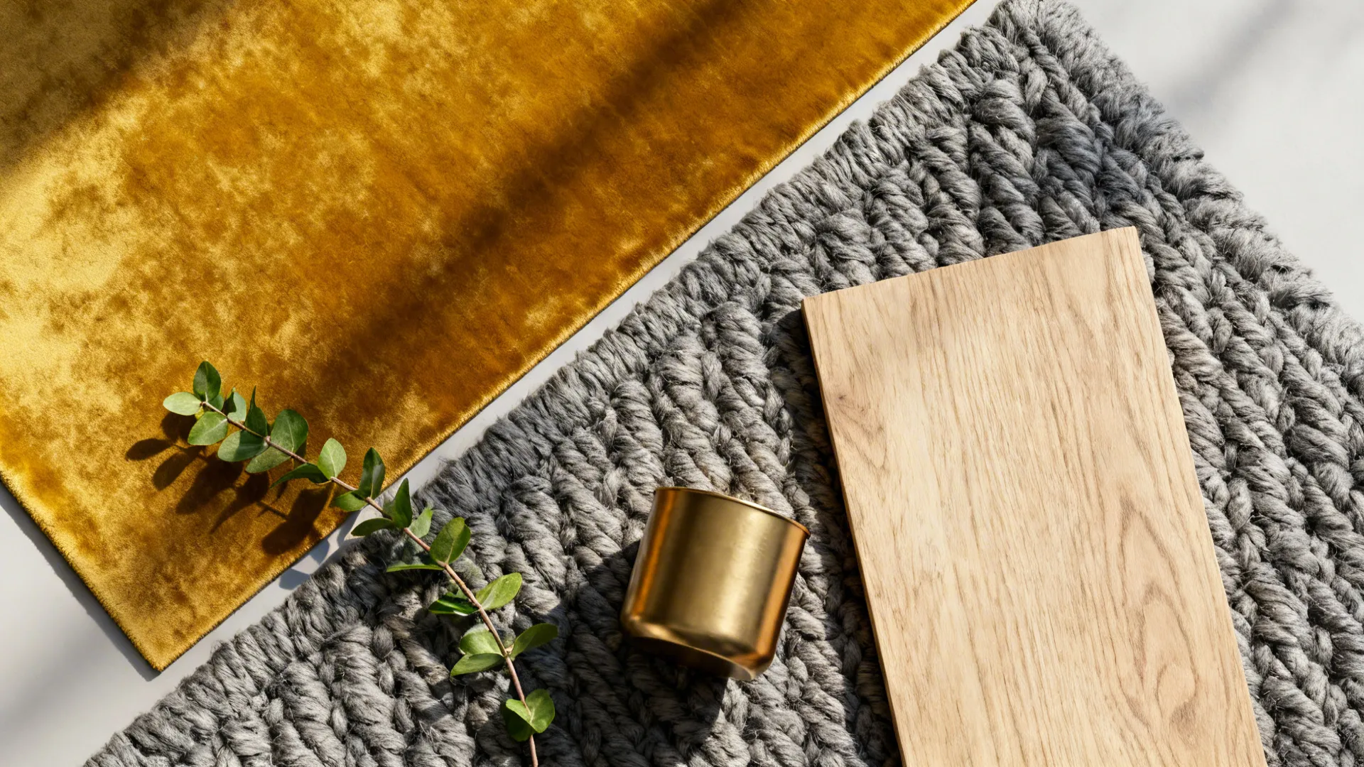 Material flatlay with mustard velvet, grey wool rug, wood and metal samples