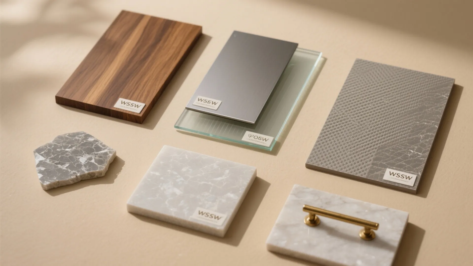 Interior design material swatches including wood and stone samples with metal gold handle on table