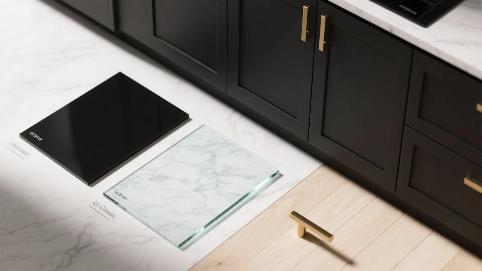 Material samples of black and marble tiles placed near black kitchen cabinets with gold handles