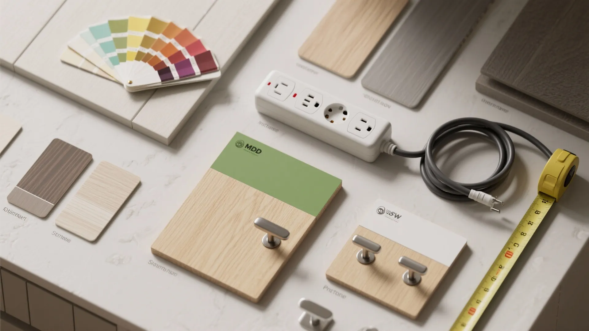 Interior design materials with color swatches wood samples power strip tape measure and metal knobs