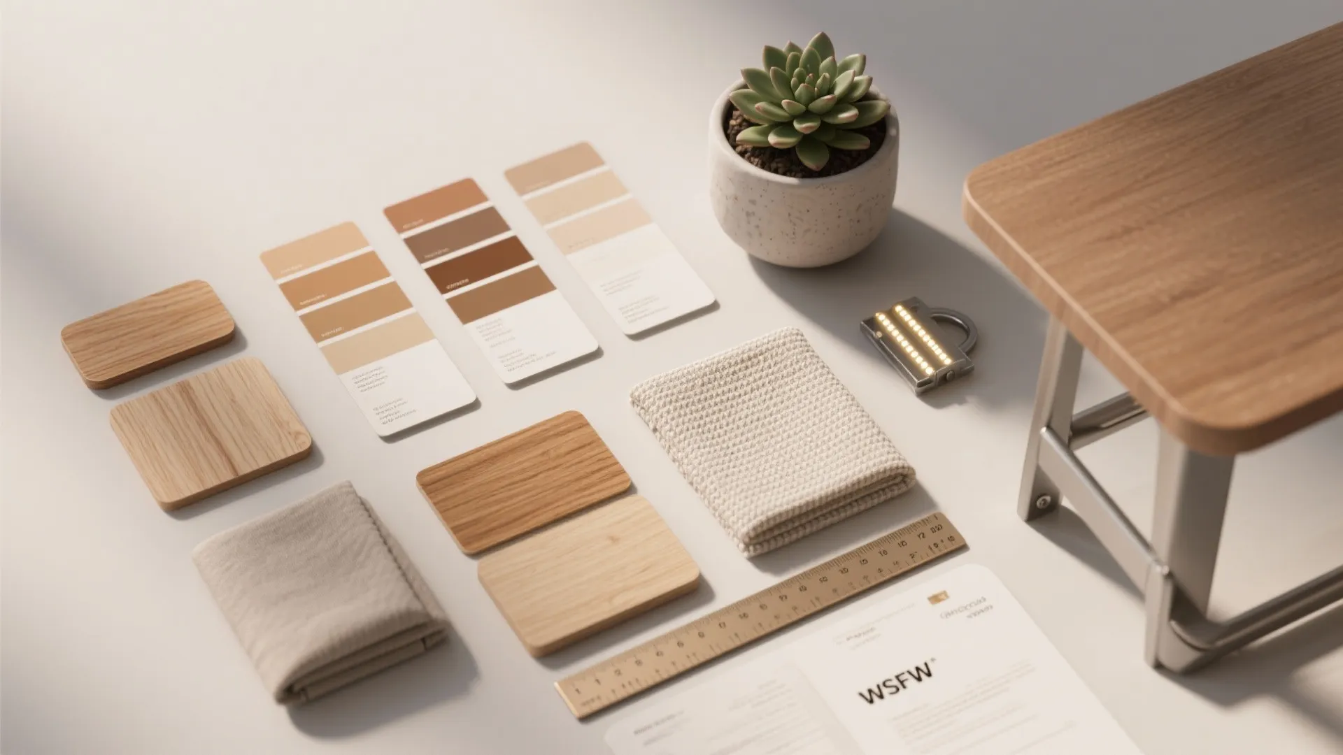Top-down flatlay of paint swatches, wood and fabric samples, LED sample and scale notes for tiny-space design decisions.