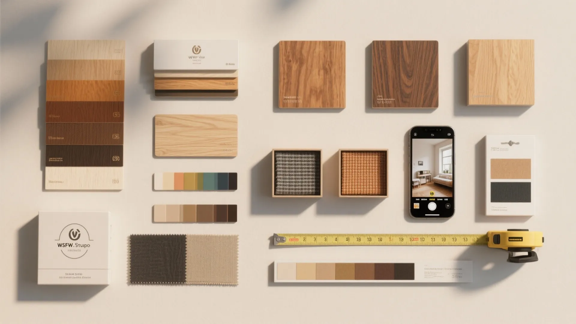 Interior design material board with wood samples fabric swatches color palettes and a mobile phone