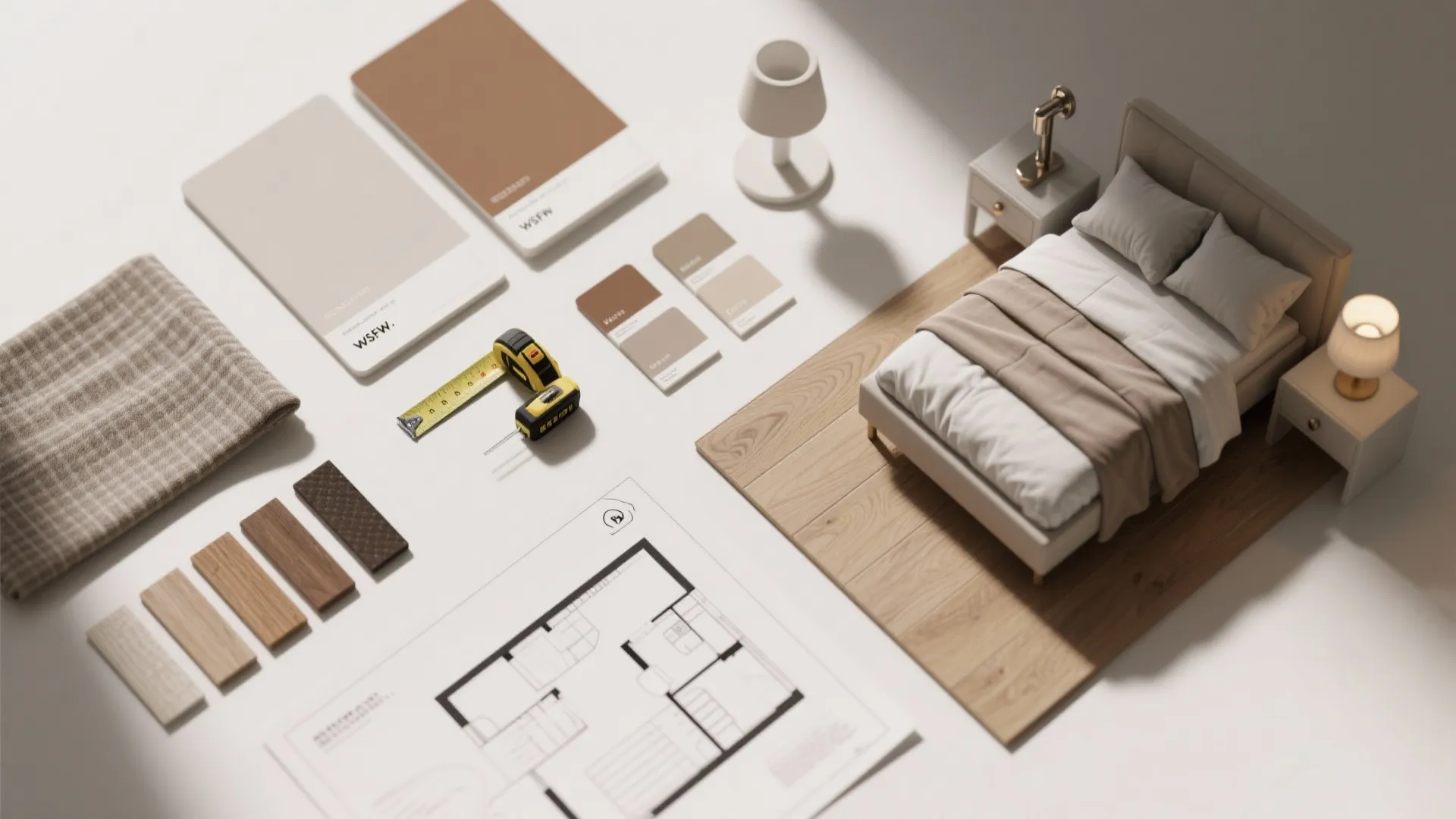 Miniature bedroom model alongside floor plan drawing with color swatches wood samples and tape measure