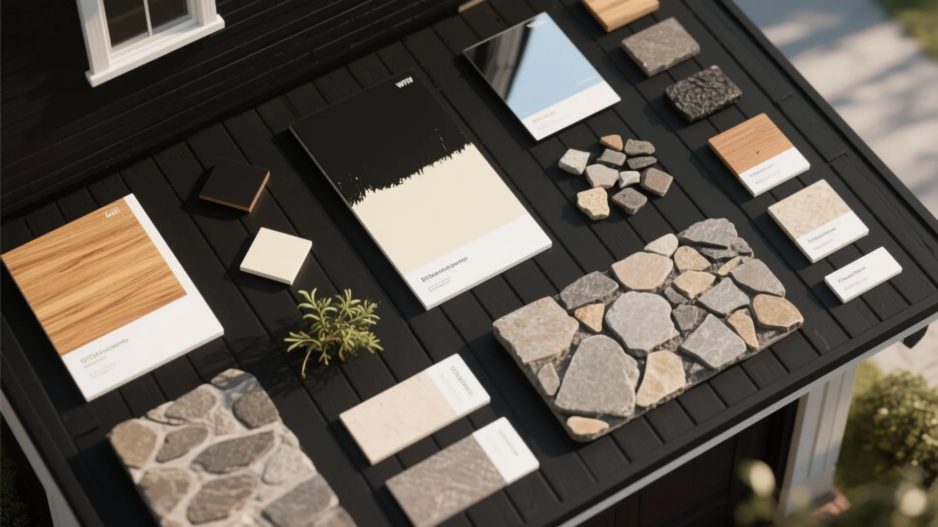 Collection of various home construction materials including wood samples and stones on a dark deck