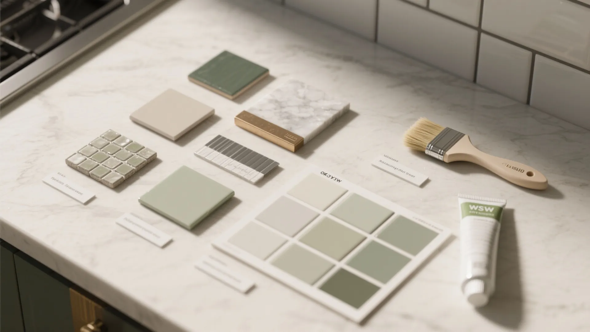 Green and beige tile samples on white marble countertop with paint brush and color card