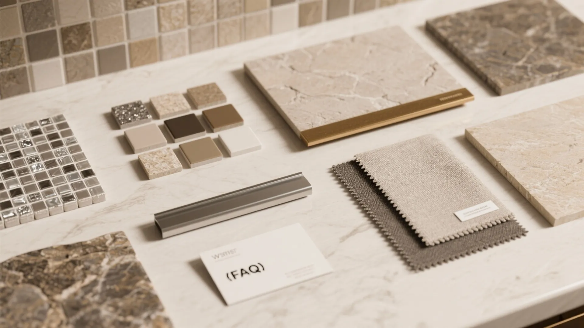 Top-down flatlay of stone samples, grout chips, metal trim and tile swatches for backsplash selection.