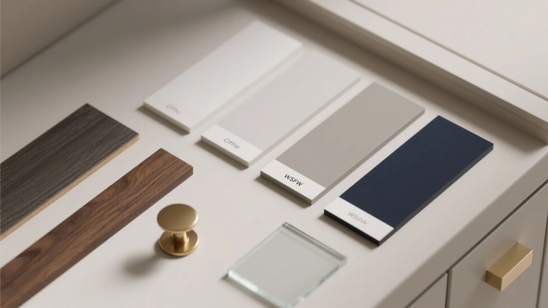 Flatlay of cabinet paint chips, wood trim, brass hardware and frosted glass swatches