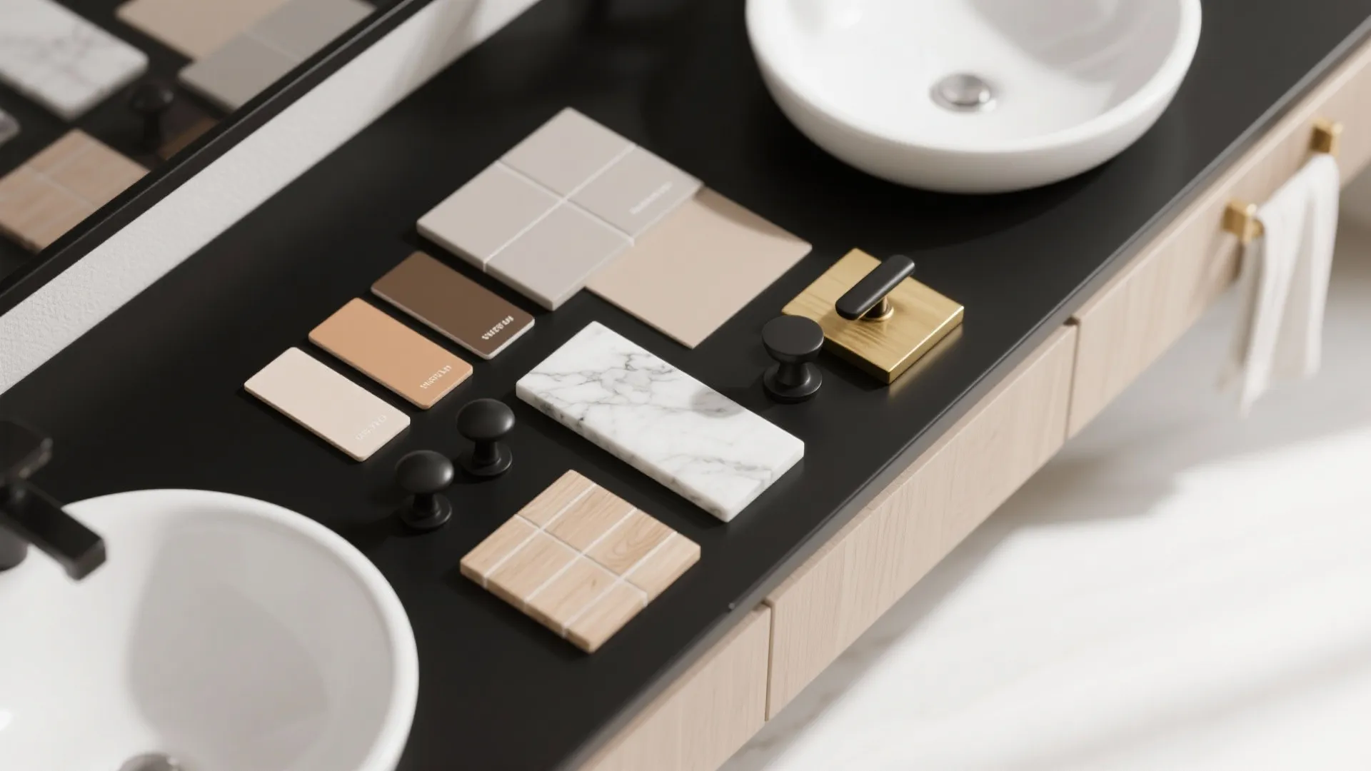 Flatlay of paint chips, tile and hardware swatches for styling a black vanity.