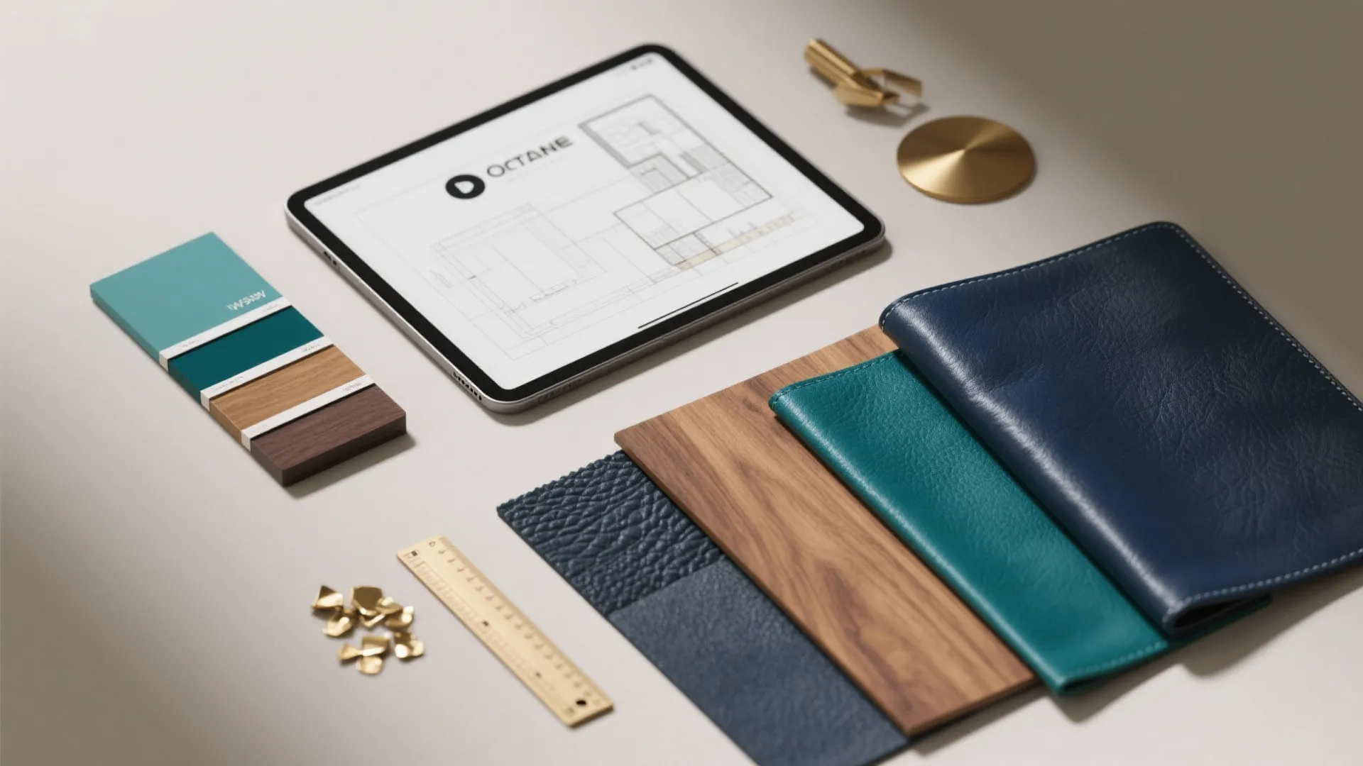 Flatlay of leather swatches, wood samples, brass chips and a tablet with a 3D floor planner