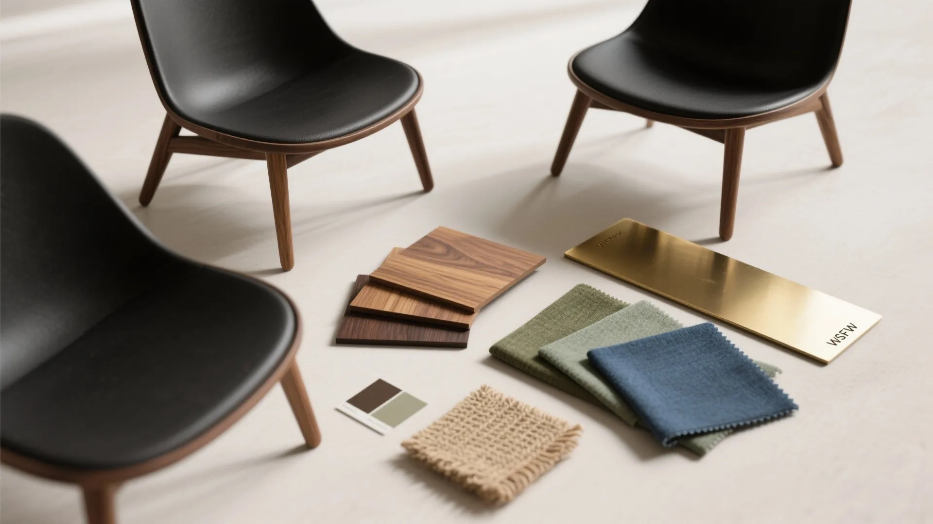 Modern interior design material swatches including wood samples fabric pieces and a gold metal plate