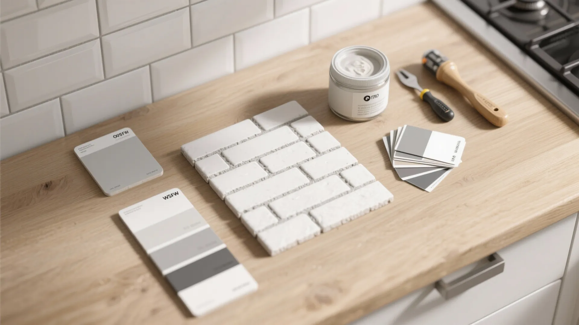 Kitchen counter with white brick tile sample color swatches tools and a jar of white paint