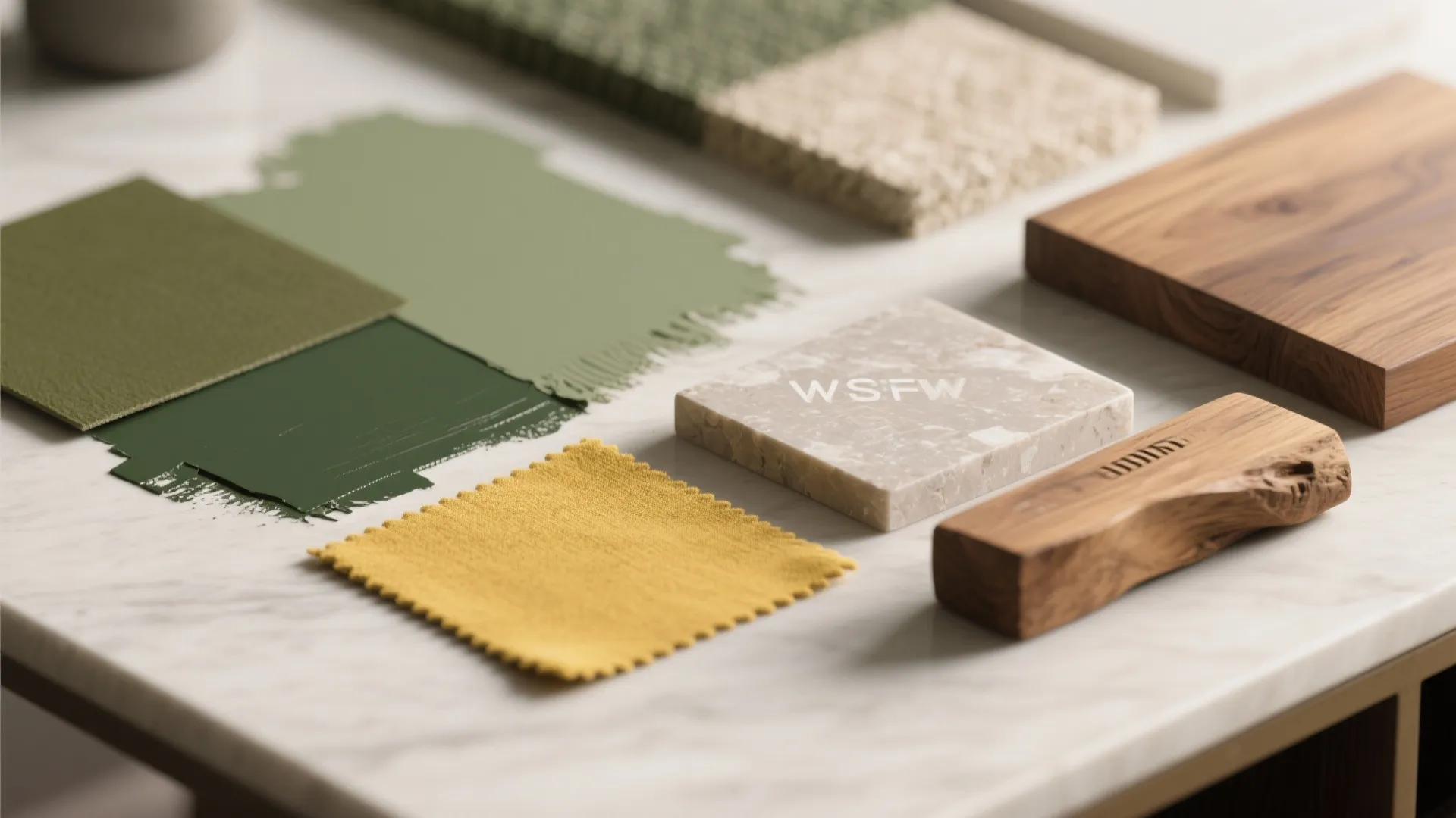 Interior design mood board with green fabric swatches wood samples and stone tiles on marble