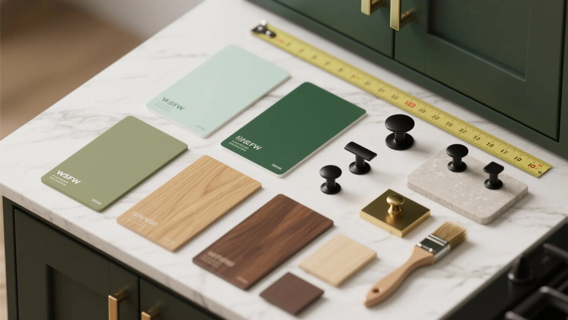 Various green color swatches wood samples and black cabinet handles on a white marble counter
