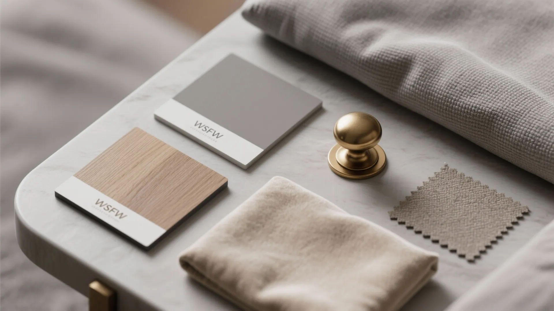 Material swatches for a grey bedroom including paint chip, wood, brass knob and textile samples