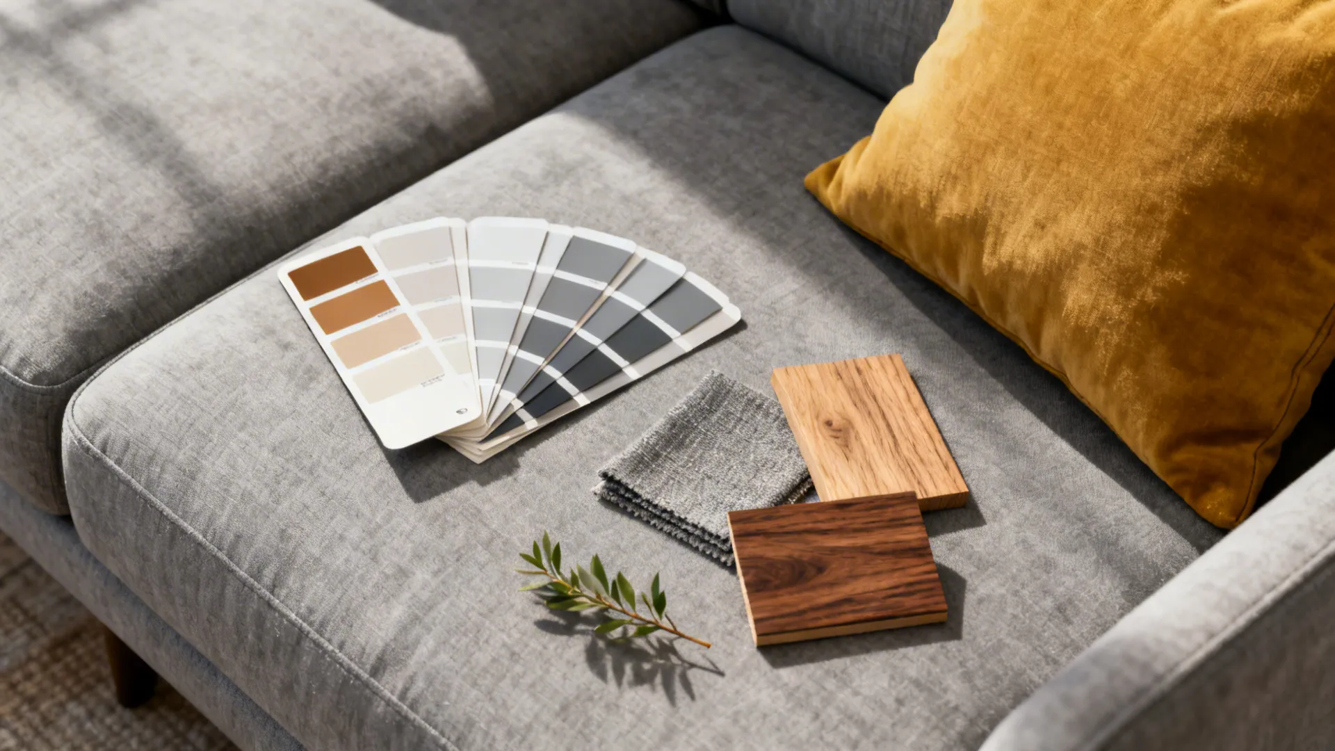 Flatlay of paint swatches, fabric and wood samples for styling a grey sofa.