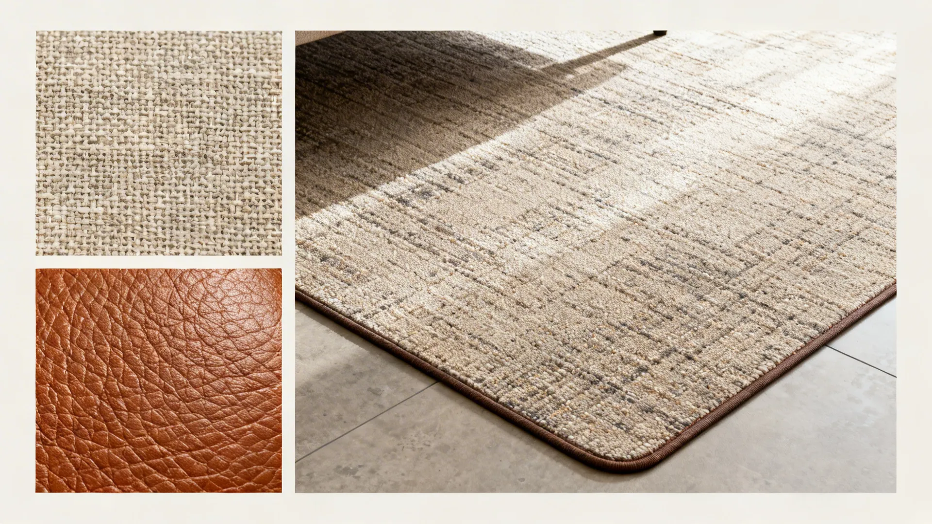 Neutral rug on tiled floor with close up views of woven fabric and brown leather material