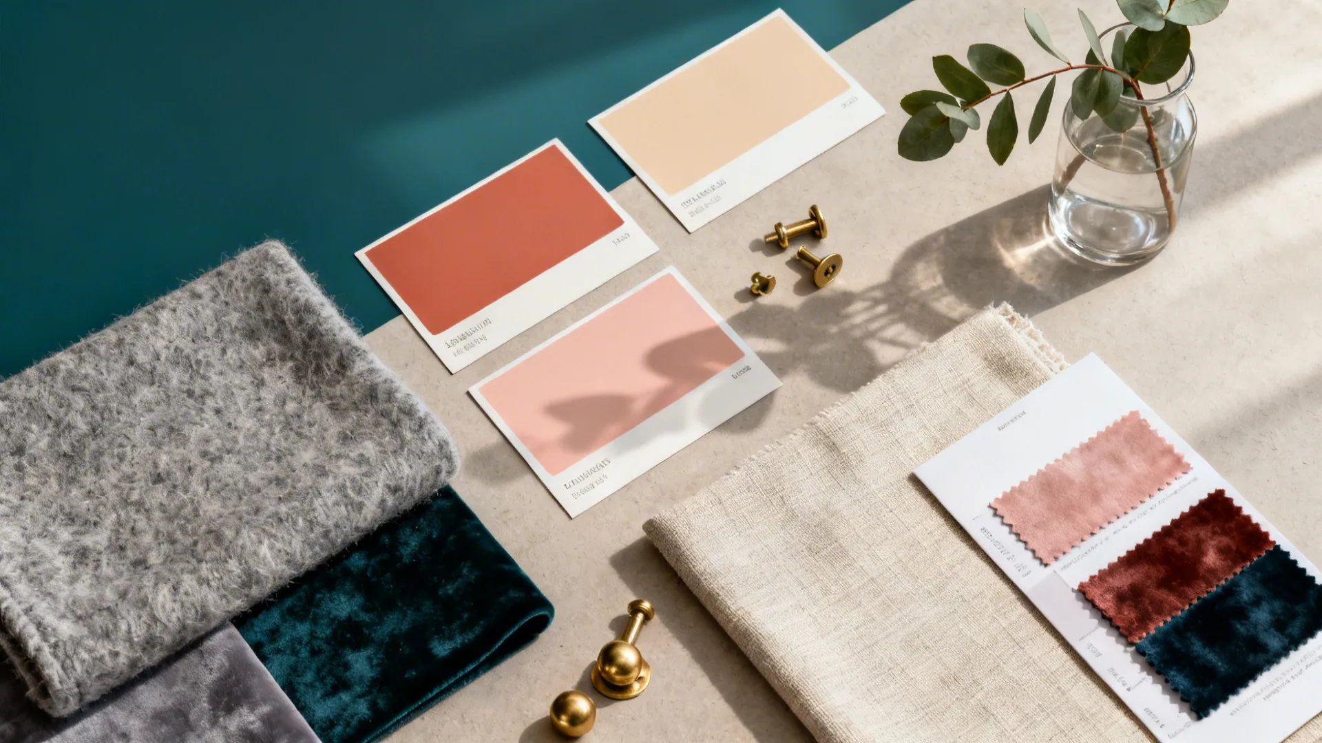 Top-down flatlay of paint chips, fabric swatches, and brass samples for grey sofa palettes.