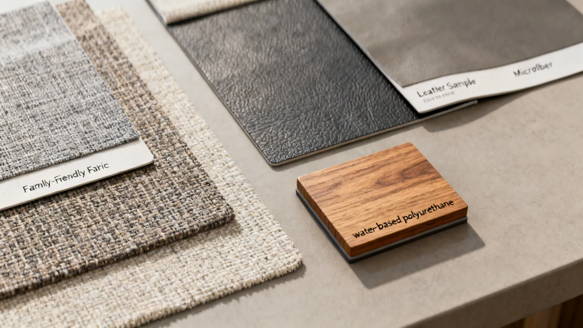 Material swatches including performance fabric, leather, microfiber and wood finish sample
