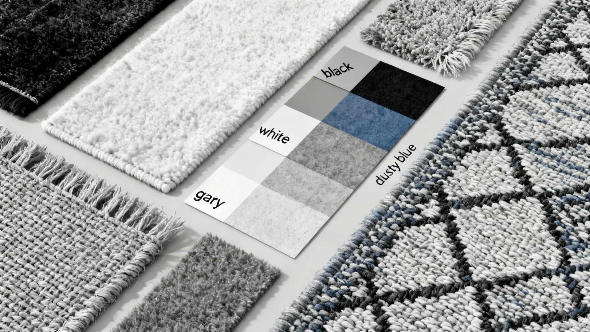 Flatlay of rug material swatches including wool, jute, and synthetic blends with monochrome color chips.