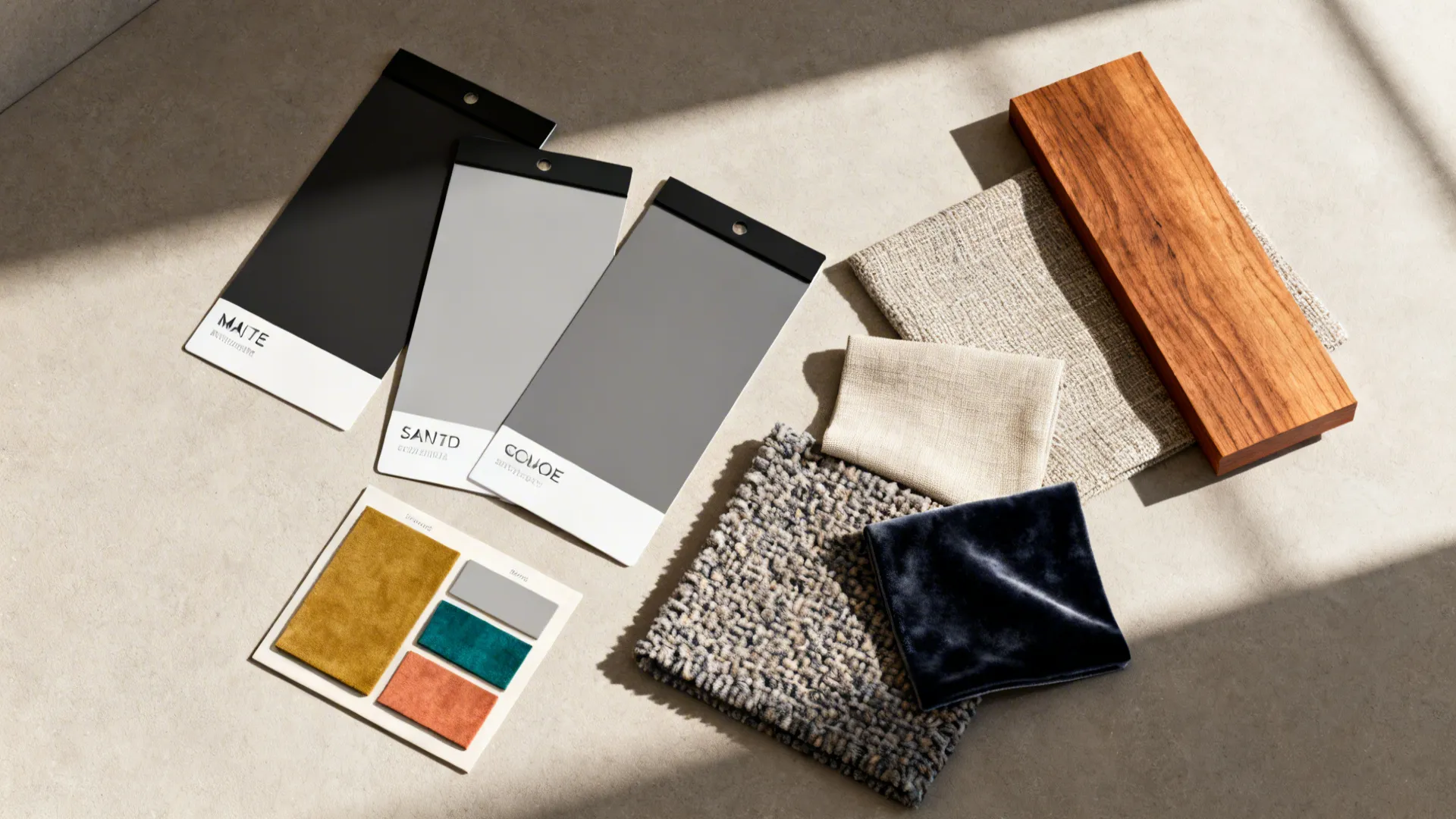 Top-down flatlay of paint and fabric samples including matte and satin black trim swatches and grey paint cards.