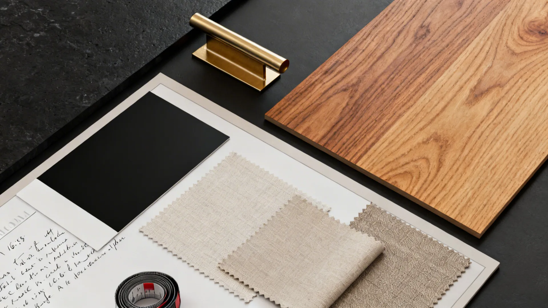 Material flatlay with matte black paint, brass trim and warm wood samples for an accent wall scheme