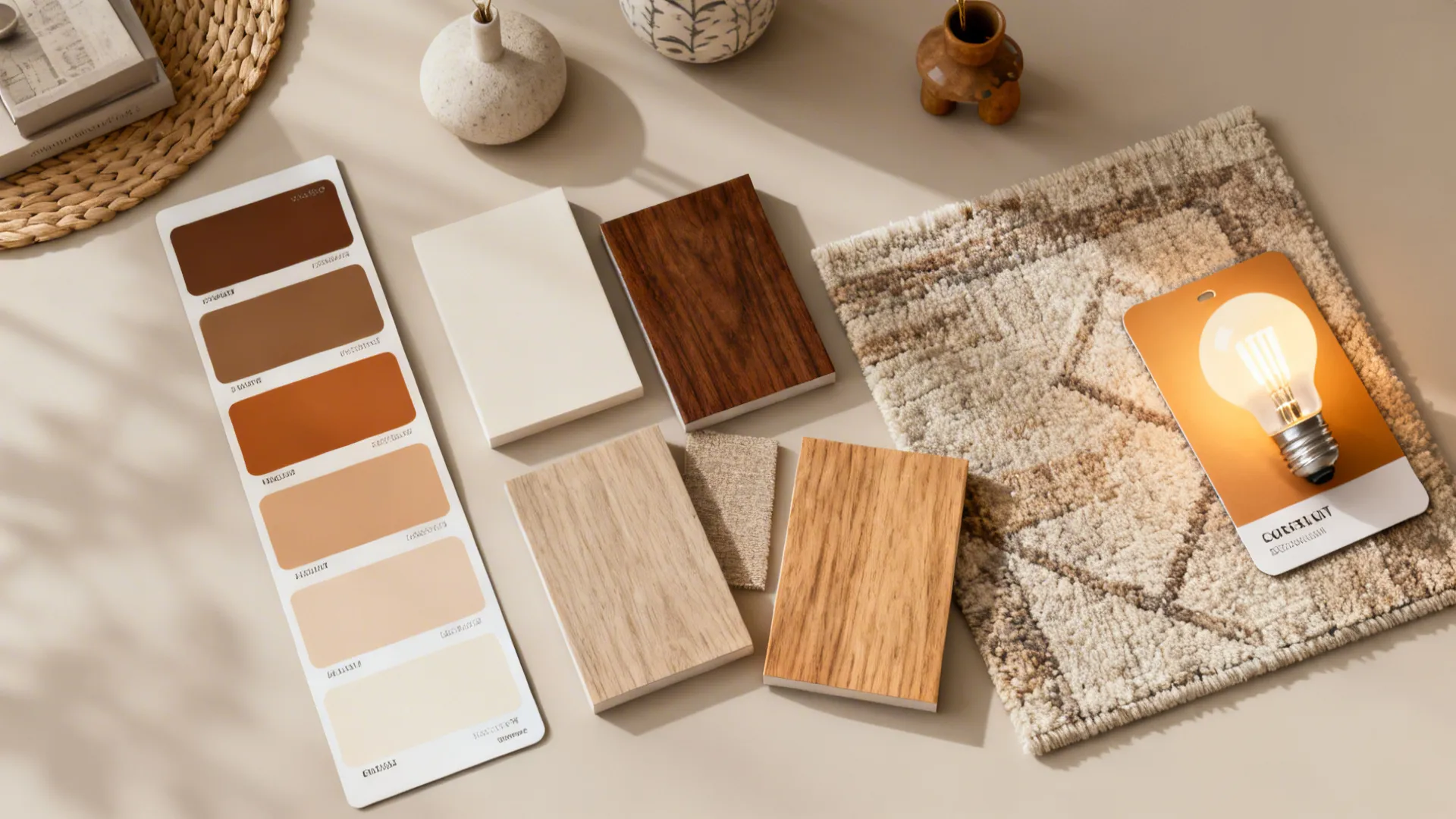 Flatlay of paint, wood and rug swatches plus lighting samples for a small living room palette.