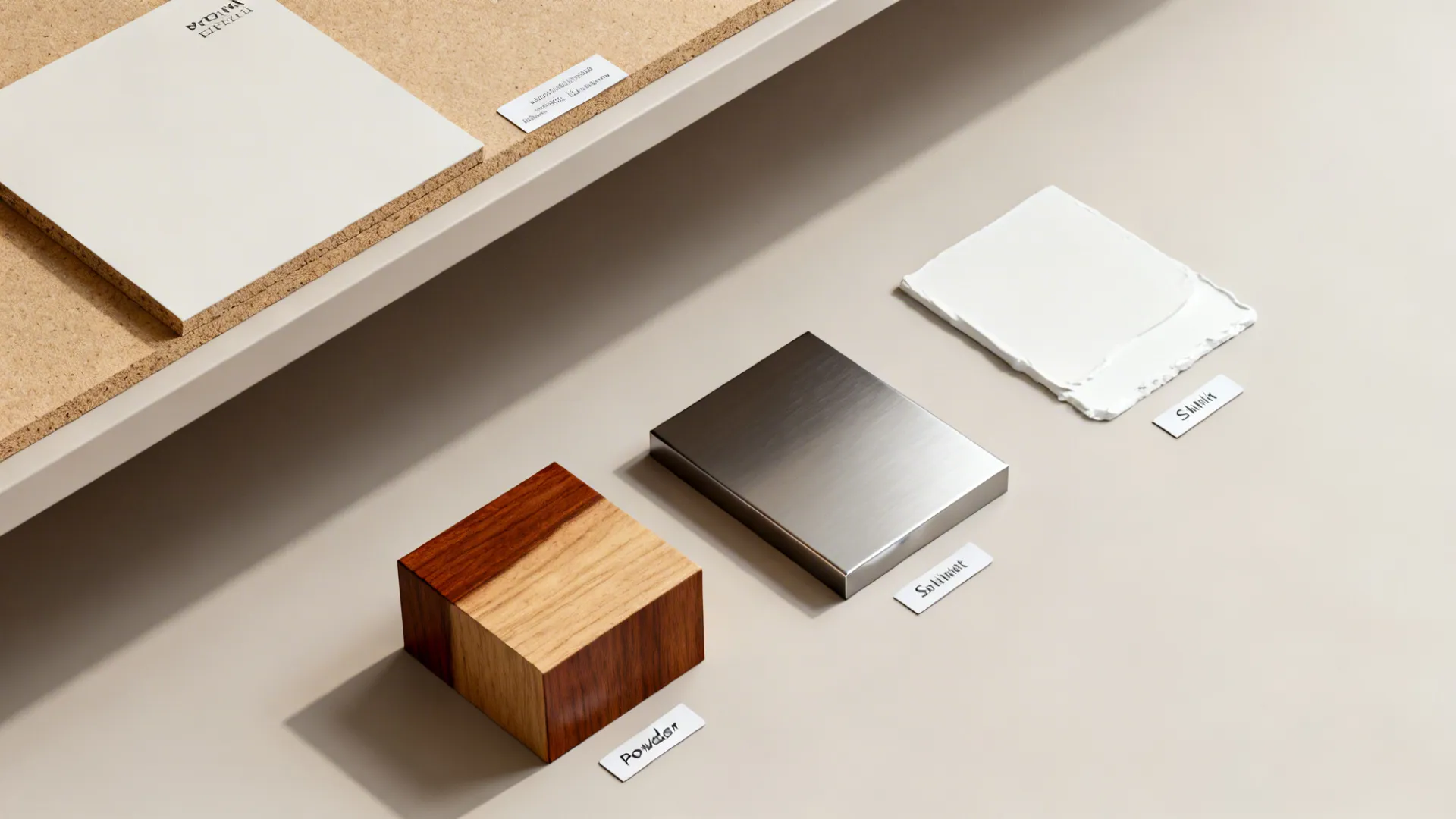 Interior design material samples including wood block metal tile and white paint on beige background