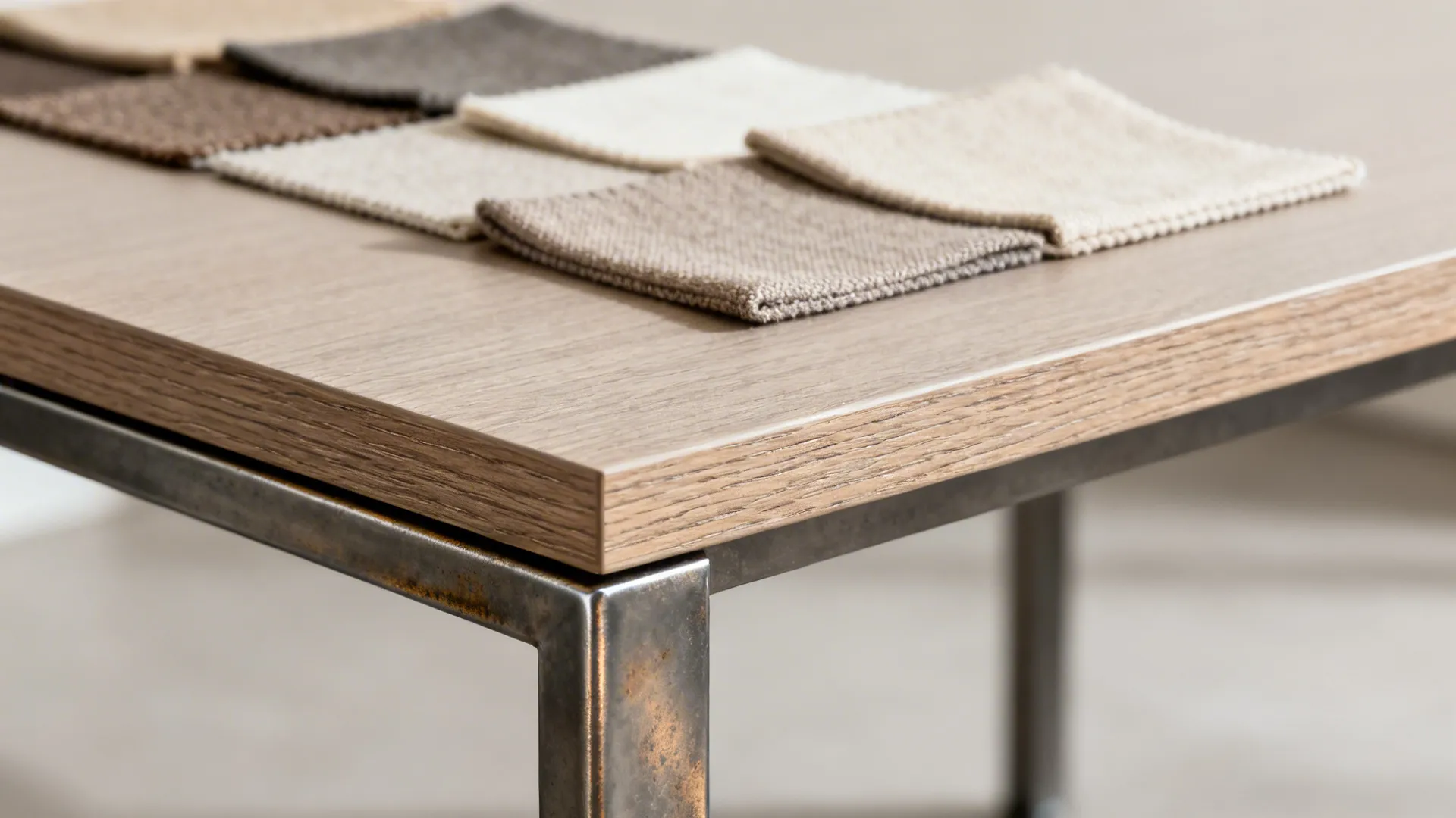 Material swatches showing scratch-resistant veneer, metal frame, and stain-resistant fabric for family-friendly tables.