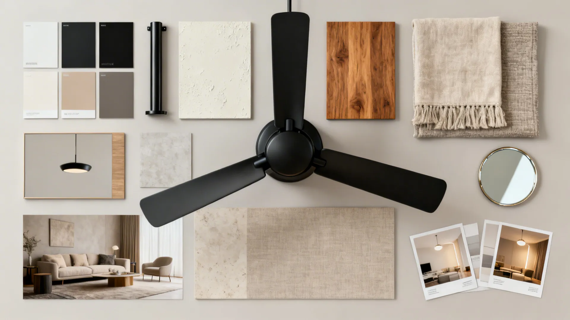 Flatlay of material swatches including matte black metal, light paint, wood and textiles for a cohesive scheme