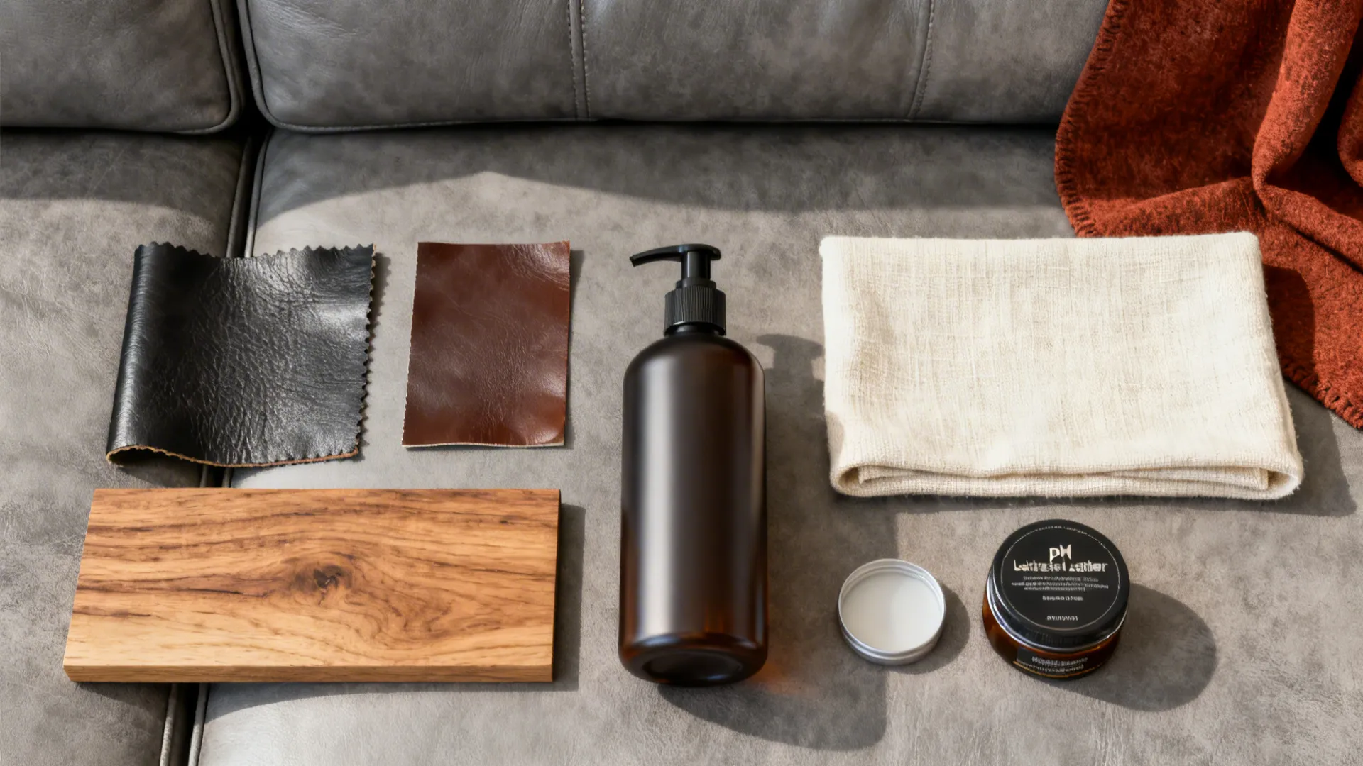 Material flatlay with leather and wood swatches, linen and rust accent textile.