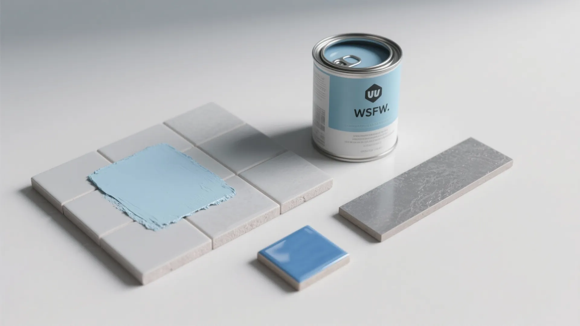 Blue paint can with white tiles and grey marble samples on a clean white table