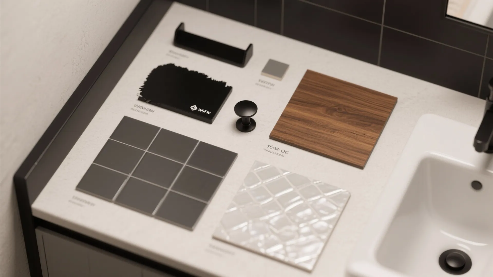 Interior design material board with wood samples and grey tiles placed on a white table