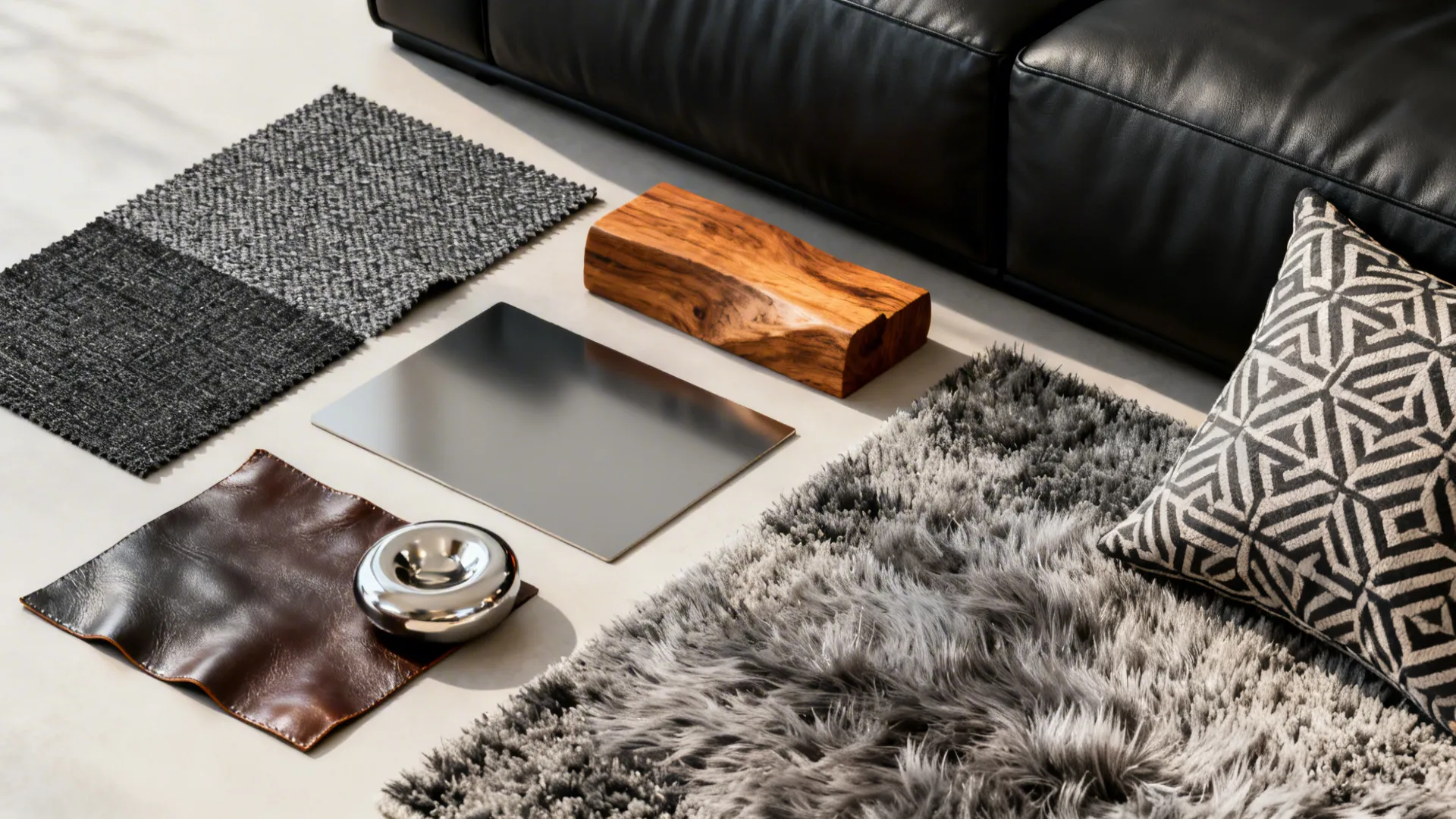 Collage of fabric swatches, leather sample, wood and patterned cushions for pairing with black sofas