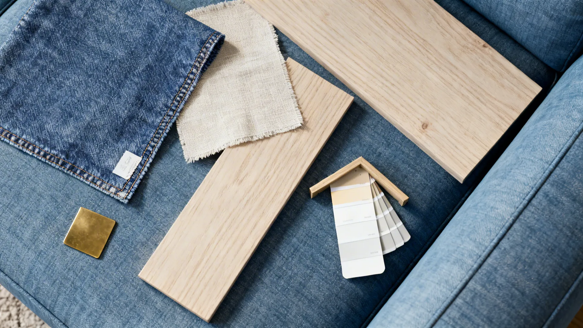 Top-down flatlay of denim fabric, linen swatch, pale oak and brass finish samples.
