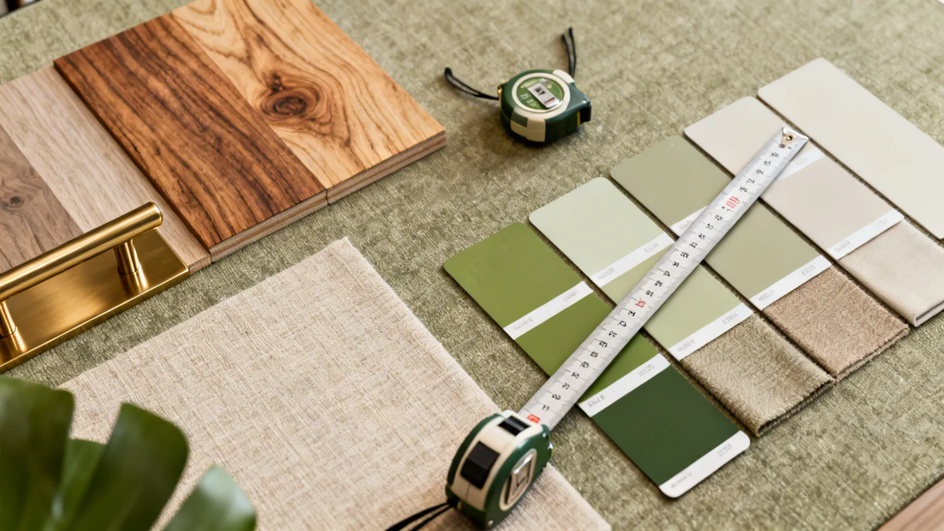 Flatlay of wood, metal, and fabric swatches with a tape measure for planning end table choices.
