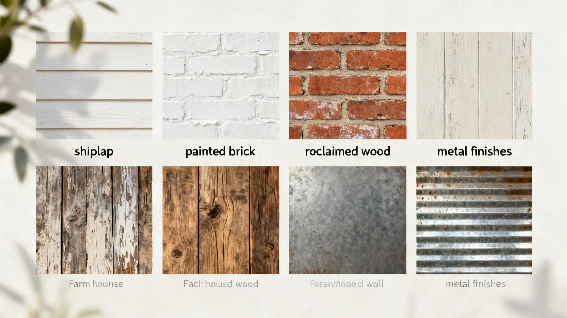 Material swatches of shiplap, painted brick, reclaimed wood and metal textures for farmhouse walls