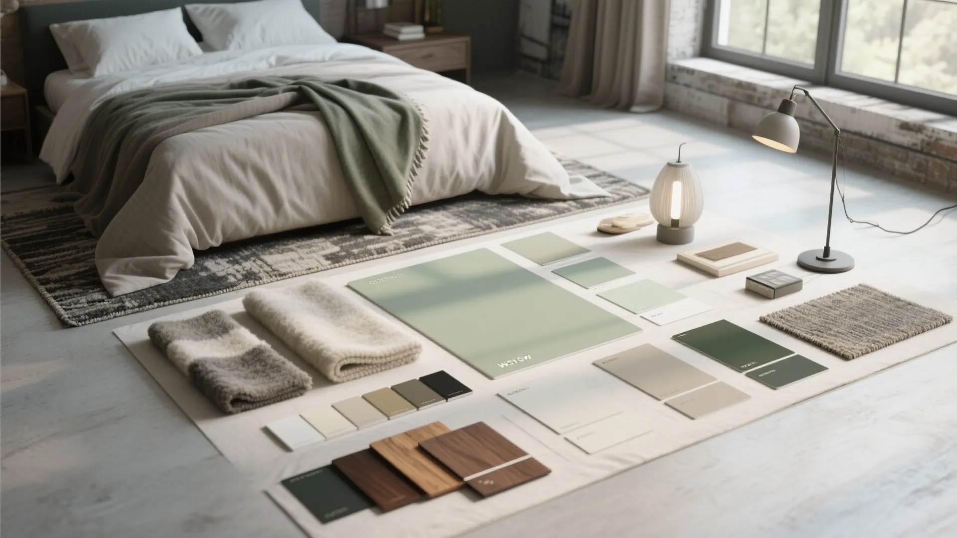 Flatlay of fabric, wood, and paint swatches for planning a loft bedroom palette.