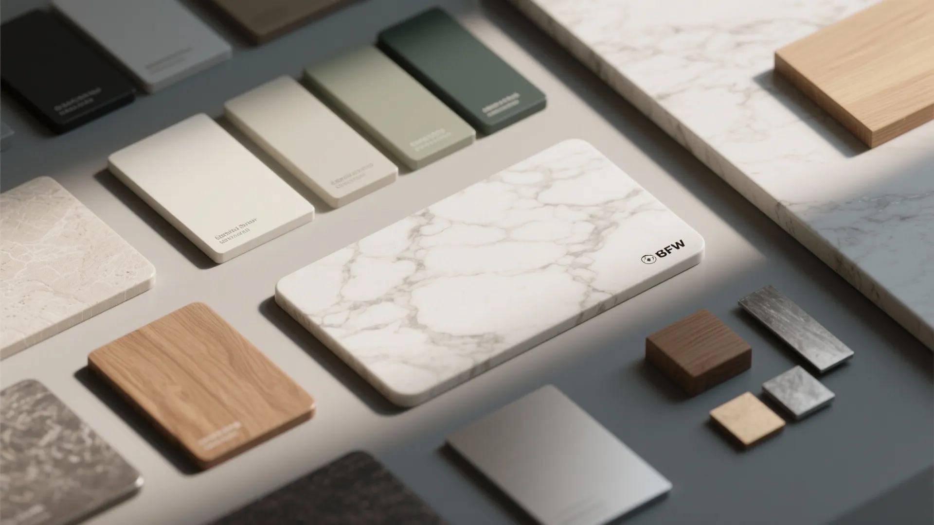 Interior design material board with marble tiles wood samples and green color swatches for renovation