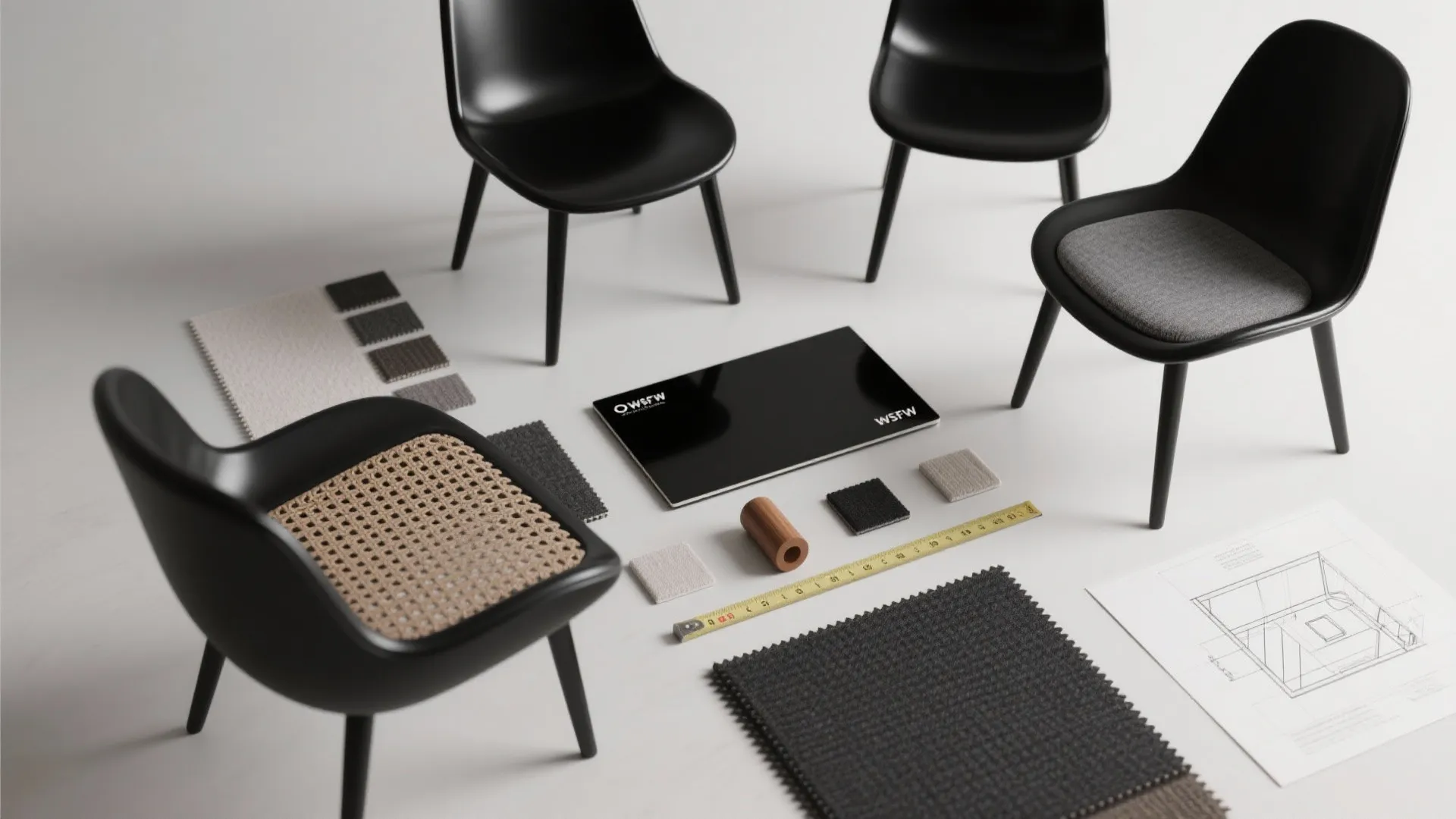 Four black chairs surrounding interior design materials with fabric samples and architectural drawing on white surface