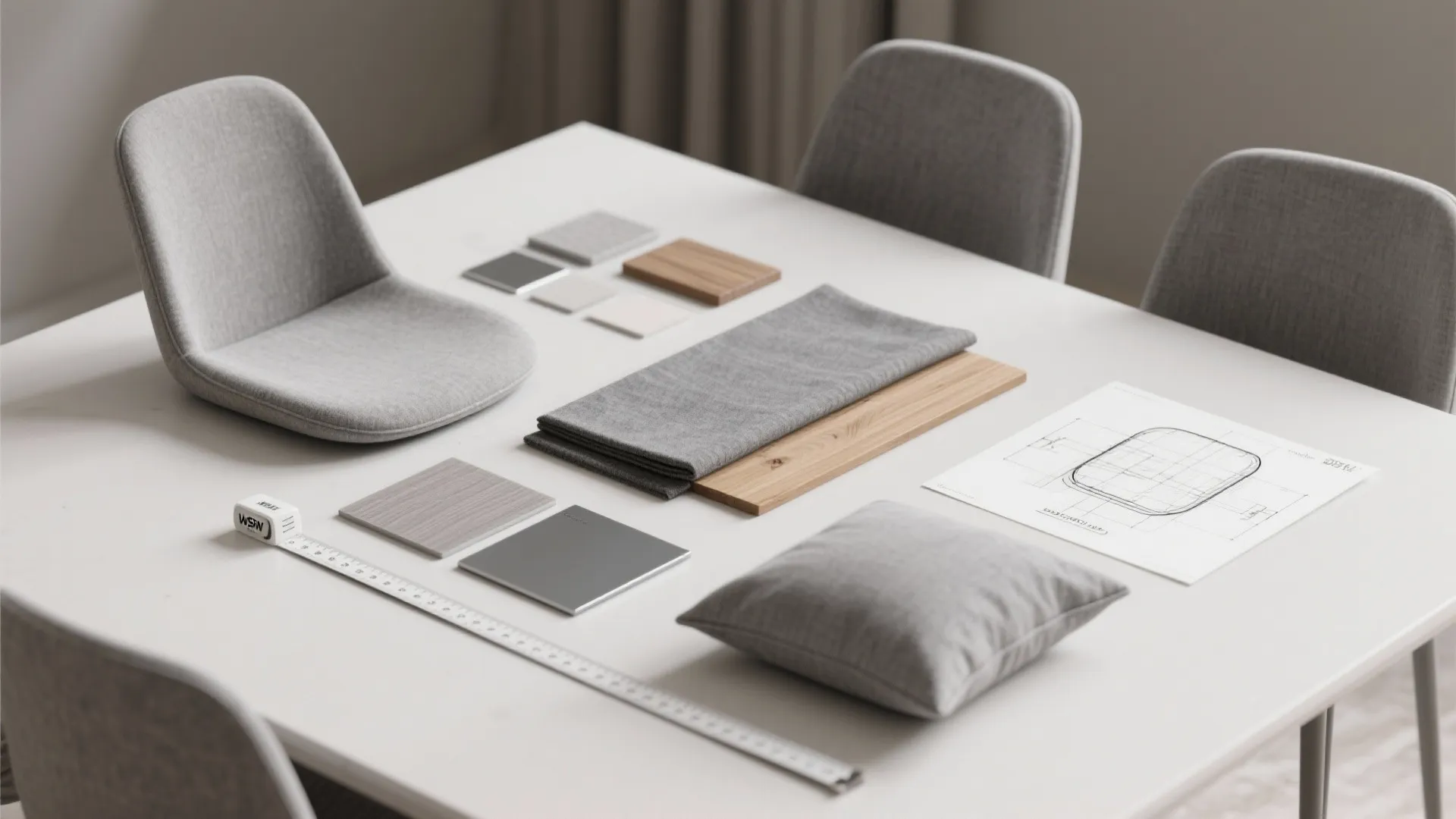 Interior design drawing with grey fabric samples wood blocks and measuring tape on white table