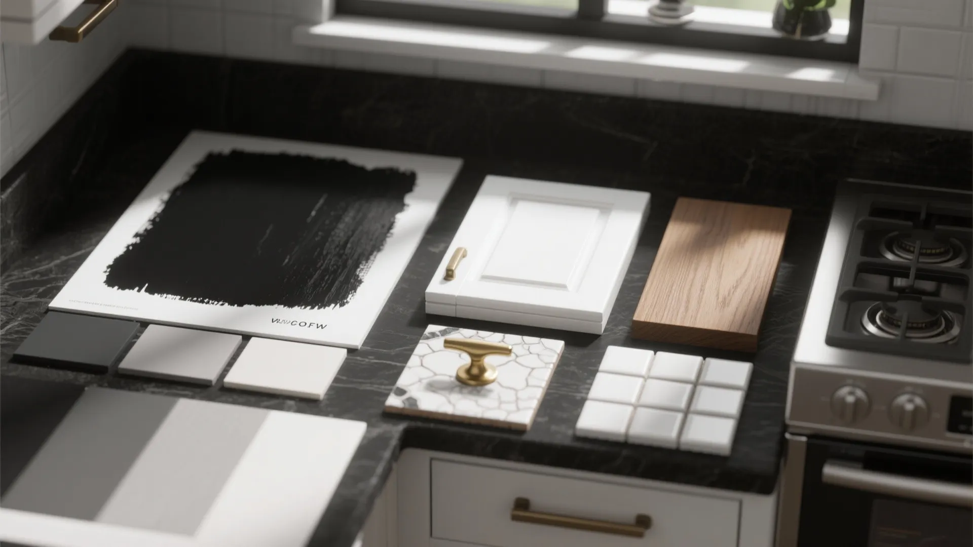 Interior design materials including wood samples cabinet door handle and white tiles on black stone countertop