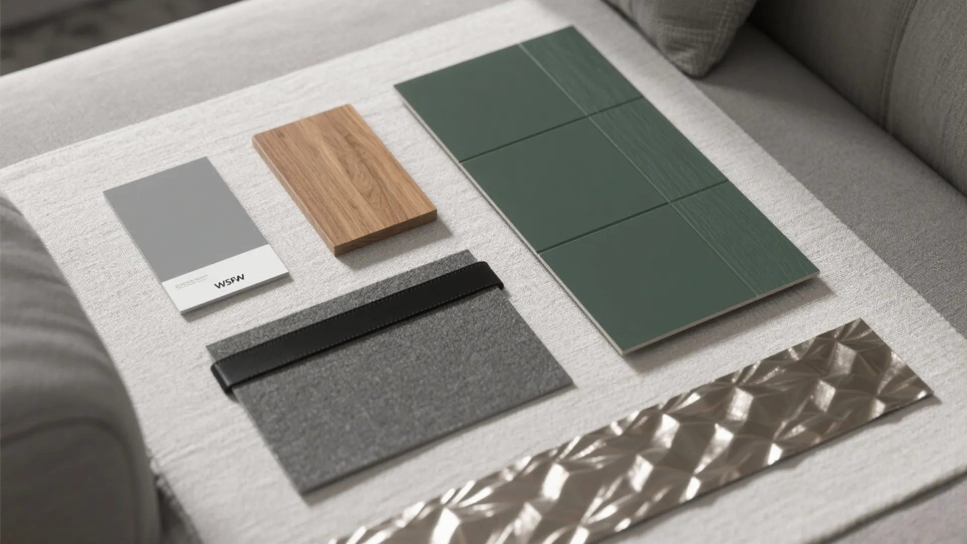 Flatlay of paint chip, oak sample, green panel swatch, black trim tape, and metallic wallpaper strip.