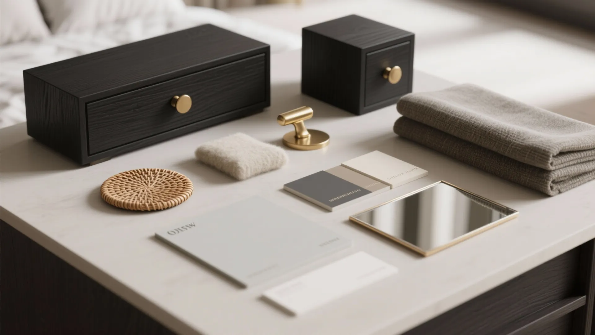 Flatlay of brass, rattan, wool and paint swatches for styling black wood bedrooms.