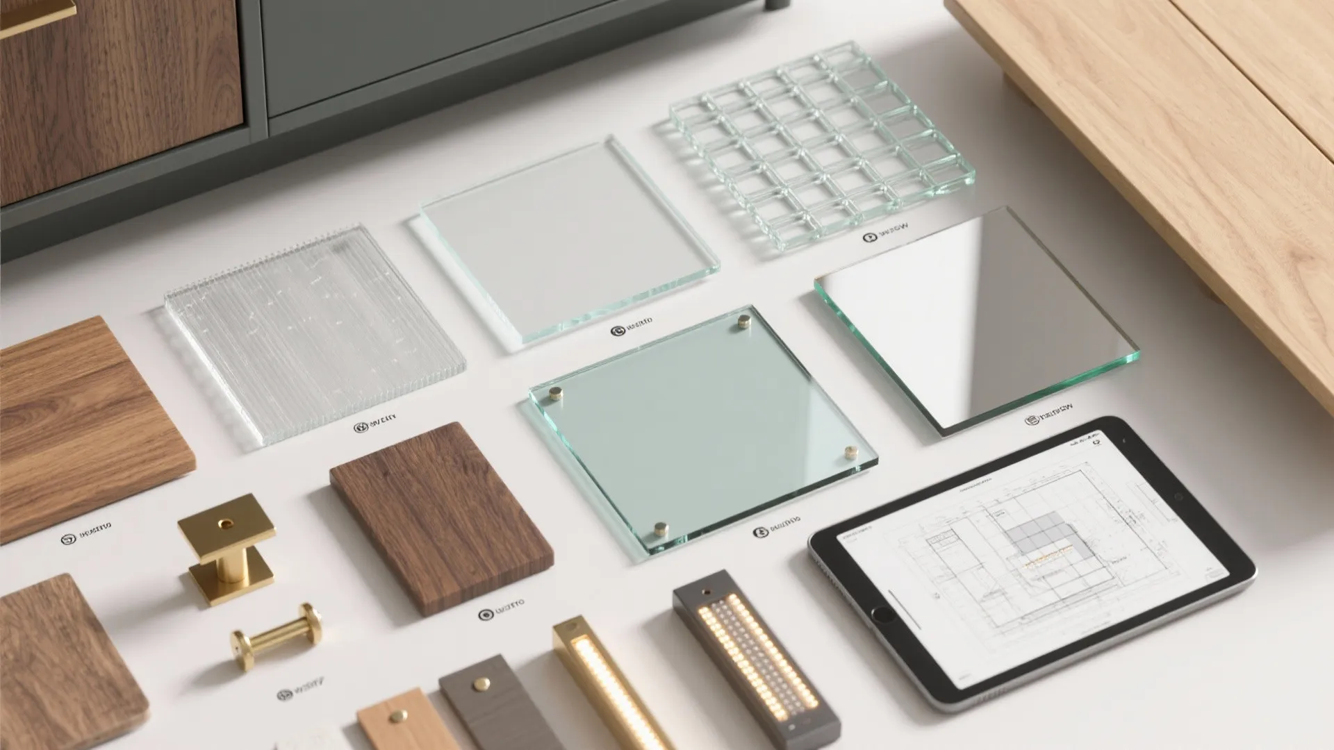 Interior design material samples with wood glass metal parts and tablet showing a floor plan