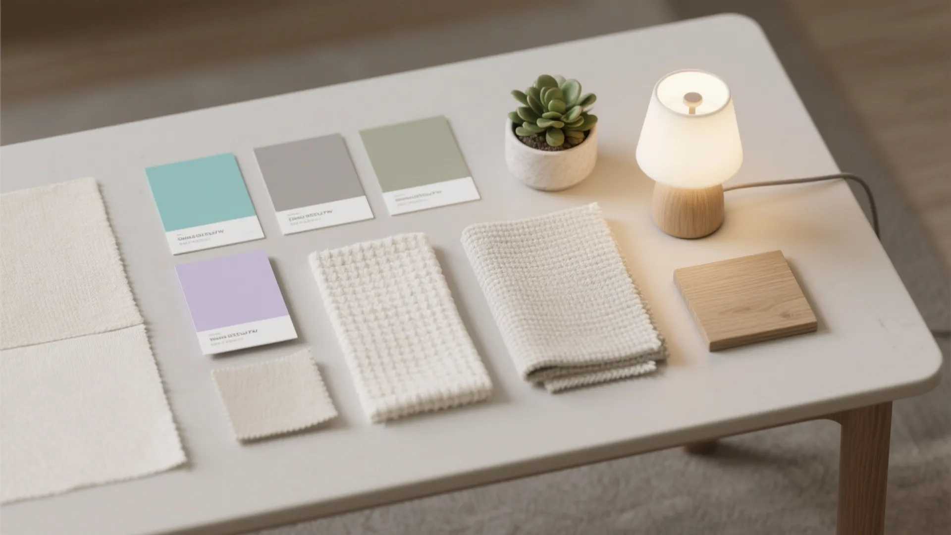 Top-down flatlay of matte paint chips, textile samples, and a dimmable lamp for sensory-friendly design