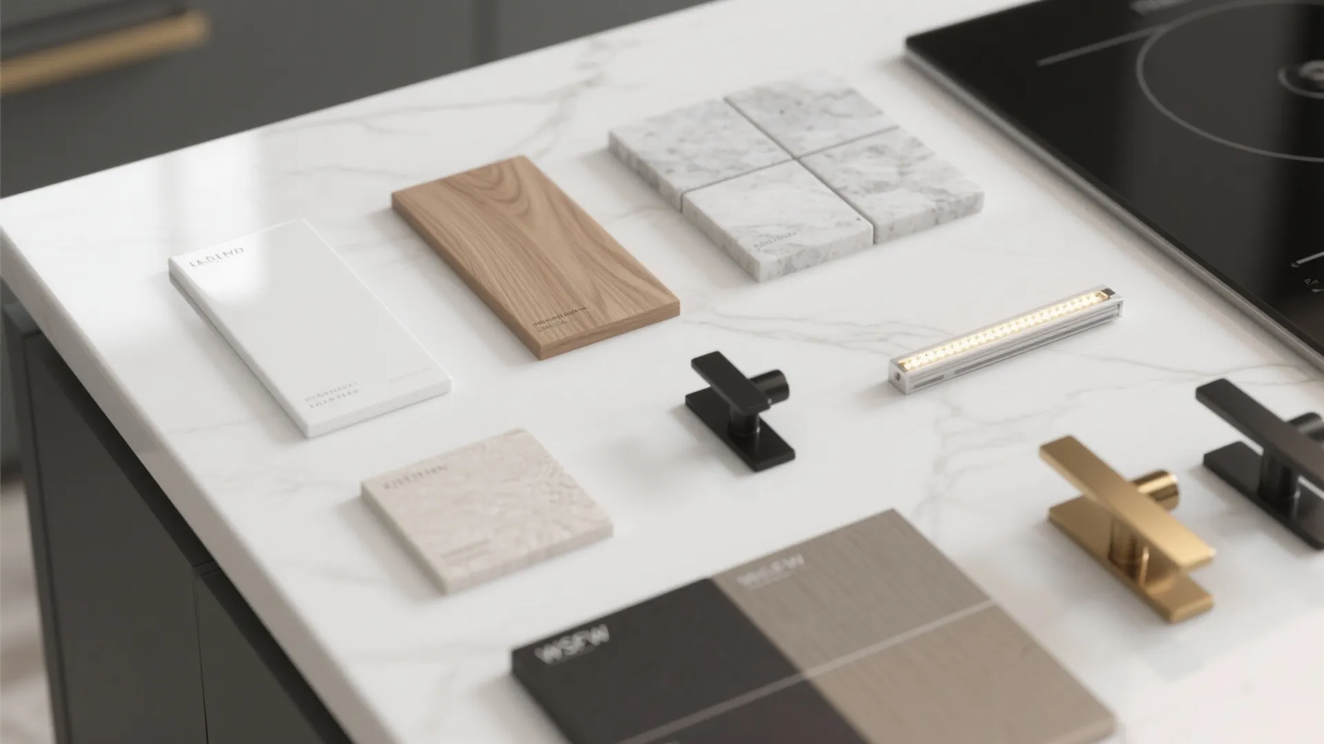 Flatlay of material swatches: white lacquer, wood, honed stone, matte grout and hardware samples