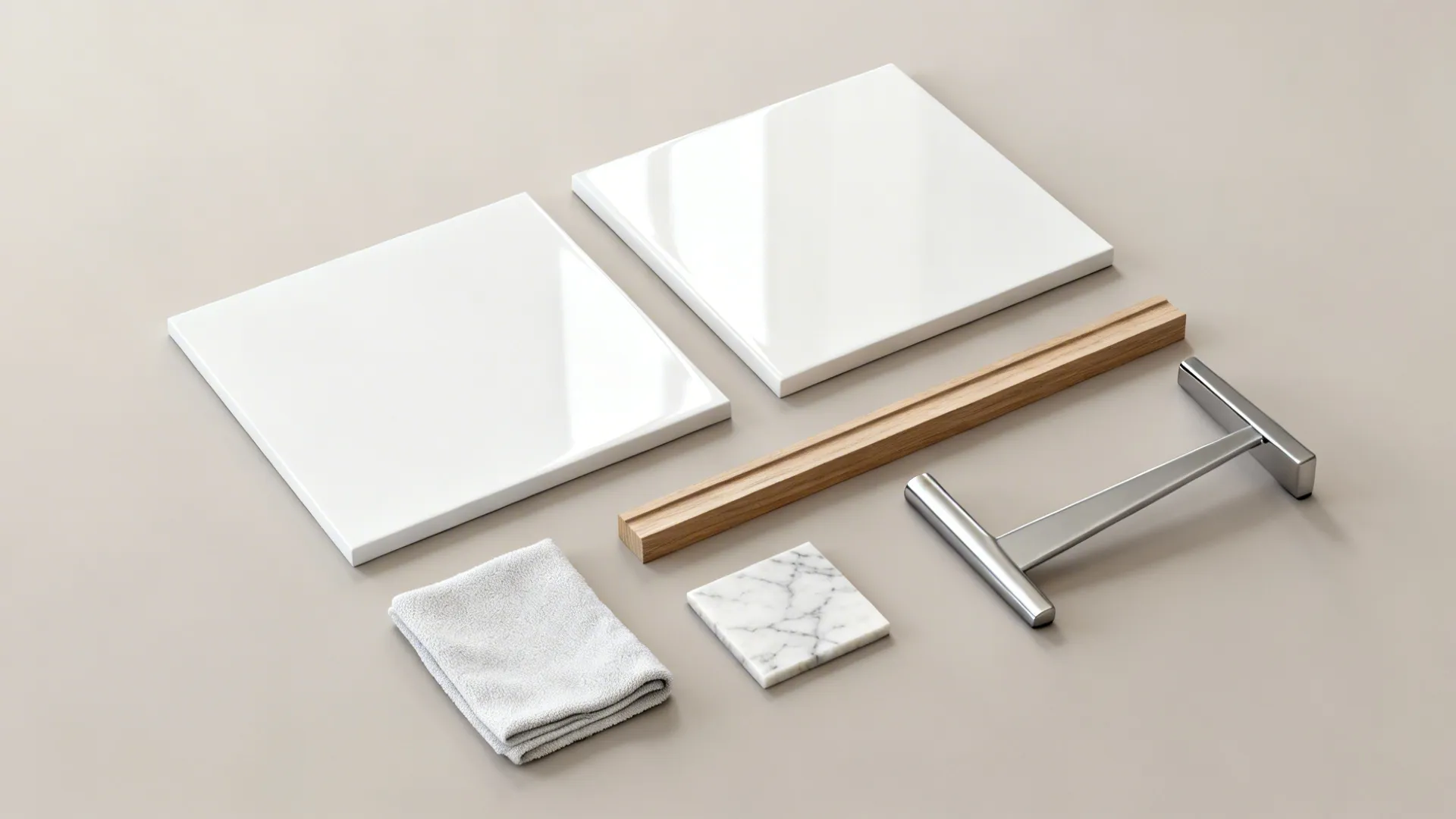 Flatlay of white finish and material swatches including matte, gloss, wood, metal, and marble