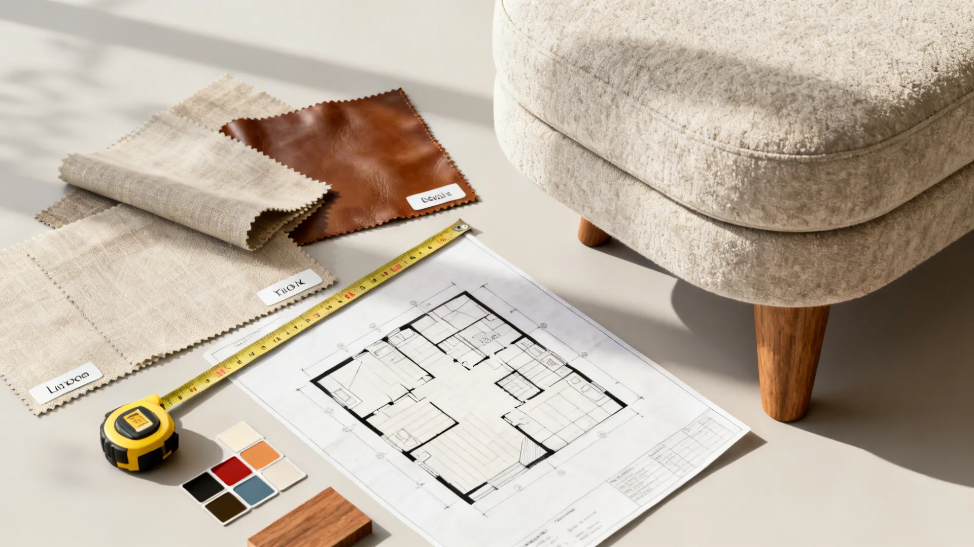 Flatlay of fabric swatches, measuring tape, and a sample ottoman leg for planning.
