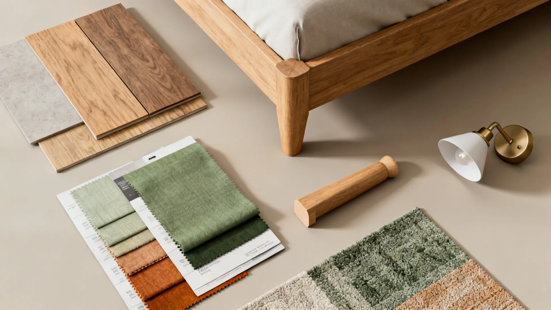 Flatlay of wood and fabric swatches, rug sample and sconce for small bedroom planning