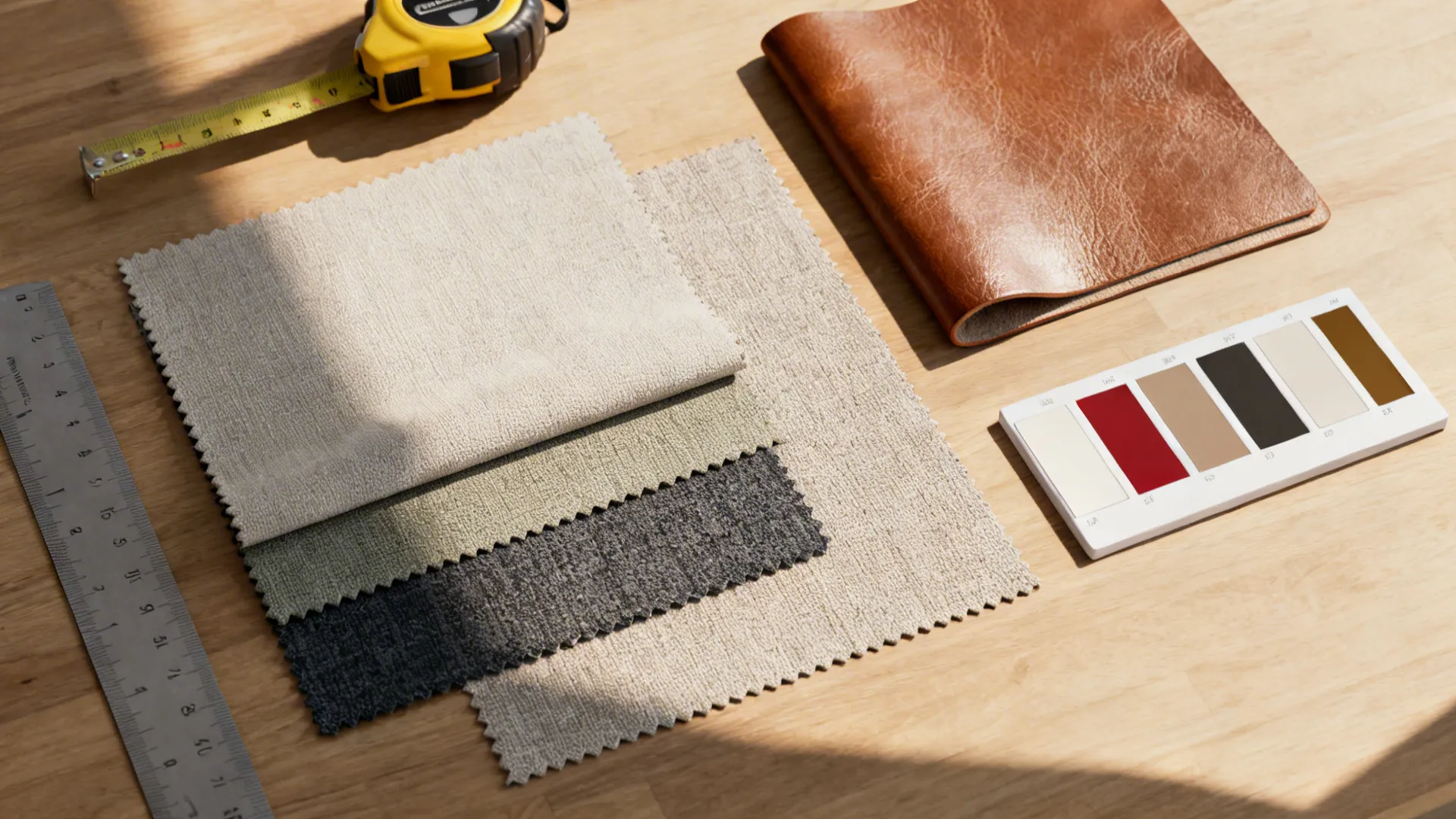 Flatlay of chair fabric swatches, leather sample and paint chips illustrating durable upholstery options.
